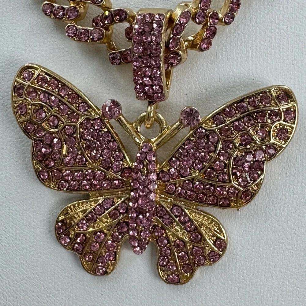 Gold Tone and Pink Rhinestone Cuban Link Butterfly Necklace Small Choker or Kids